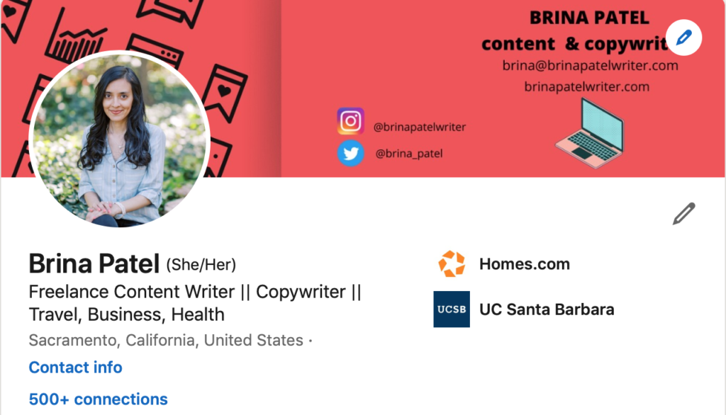 LinkedIn Resources freelance writers. Brina Patel's LinkedIn profile screenshot