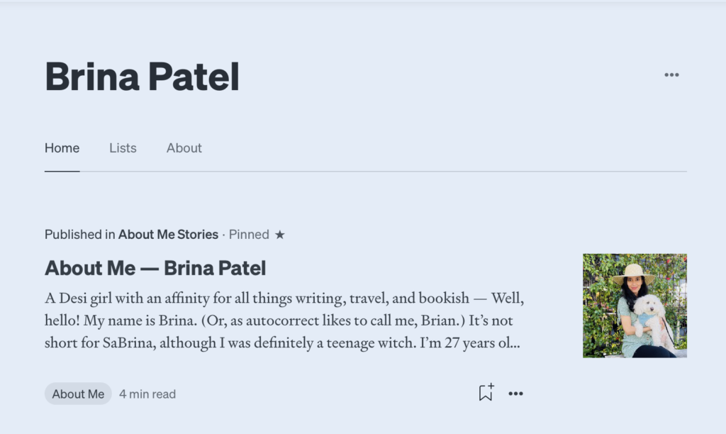 Medium Resources freelance writers Screenshot of Brina Patel's Medium Profile