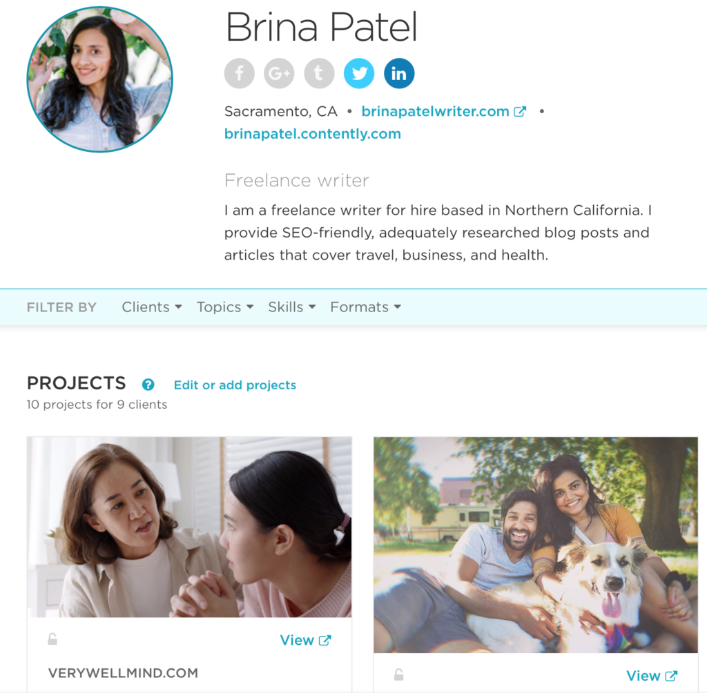 resources freelance writers. Screenshot of Brina Patel's Contently portfolio